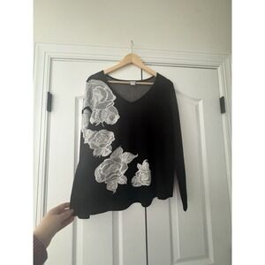 Whimsygoth Chico's 1  Rose Sweater V-Neck Lightweight Knit Top Goblincore